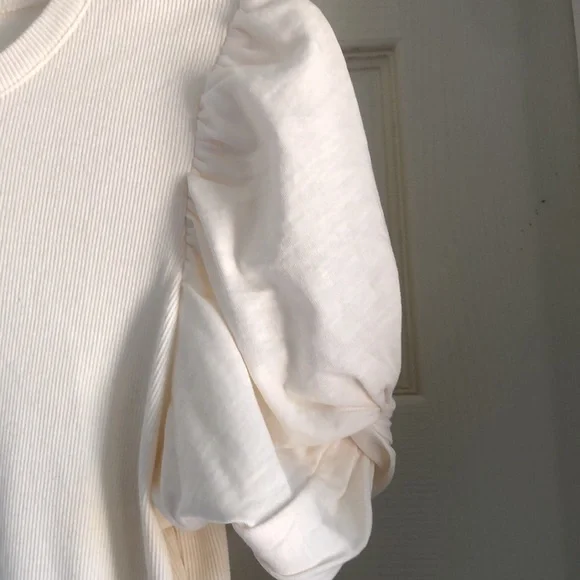 NWT Vince Camuto Puff Sleeve Top Bone Short Sleeve New Ribbed Size Large L New - Picture 2 of 8